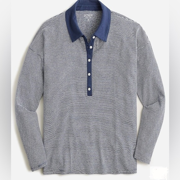 New! J. Crew Relaxed long-sleeve stretch linen-blend polo shirt in stripe size M - Picture 1 of 1